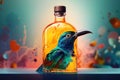 A bird sitting inside of a bottle of liquid. Generative AI image.