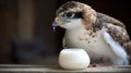 a bird is sitting on a table next to a glass of milk and a bottle of milk in front of it, with a bir