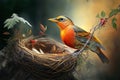 a bird sitting on top of a nest on top of a tree. generative ai