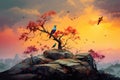 Bird sitting on a tree in the mountains at sunset. Digital painting, serene African savannah perched on a cliff, with a Royalty Free Stock Photo