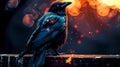 A bird sitting on a wooden post with glowing eyes, AI