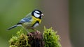 Bird Song Great Tit Perched on Mossy Stump, Vibrant Colors Royalty Free Stock Photo