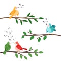 Bird songs. Singing birds friends on tree branches, birdes cartoon musical baby background, romantic couple banner Royalty Free Stock Photo