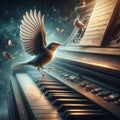 A bird with spread wings stands on piano keys, with music notes and space as backdrop. Royalty Free Stock Photo