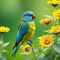 a bird is standing on a flower garden with many flowers in the background and a painting of a yellow Royalty Free Stock Photo