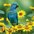 a bird is standing on a flower garden with many flowers in the background and a painting of a yellow Royalty Free Stock Photo