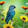 a bird is standing on a flower garden with many flowers in the background and a painting of a yellow Royalty Free Stock Photo