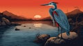 Graphic Illustration Of Heron By Lake With Risograph Texture Royalty Free Stock Photo