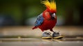 Vibrant Cardinal Bird Wearing Yellow Shoes In Grandparentcore Style Photography