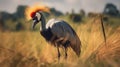 Bird standing in tall grass with a yellow mohawk