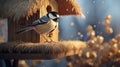 Bird Perched on Snow-Covered Birdhouse. Generative AI.