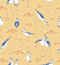 Bird Stilt Cute Seamless pattern with water lilies. Vector wetland animal illustration on beige background