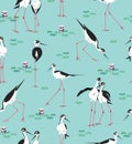 Bird Stilt Cute Seamless pattern with water lilies. Vector wetland animal illustration on blue background