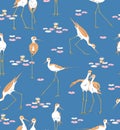 Bird Stilt Cute Seamless pattern with water lilies. Vector wetland animal illustration on blue background