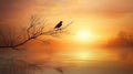 Bird Sunrise Over Misty River Royalty Free Stock Photo