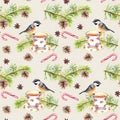 Bird, tea cup, pine tree branch. Repeating pattern. Watercolor Royalty Free Stock Photo