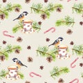 Bird, tea cup, pine tree branch. Repeating pattern. Watercolor Royalty Free Stock Photo