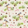 Bird, tea cup, pine tree branch. Repeating pattern. Watercolor Royalty Free Stock Photo