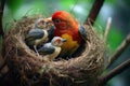 bird tenderly feeding its chicks in a hidden nest Royalty Free Stock Photo