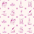 Bird tiles pink azulejo pattern. Black-necked stilt on beige background. Vector imitation of ceramics