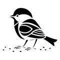 Bird tit, sparrow silhouette in black surrounded by seeds. Drawn in a flat style. Suitable for tattoo, exotic bird logo