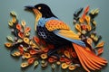 A bird on a tree branch in the technique of quilling. Papercraft, hobby concept