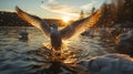 A bird trying to start flying from water