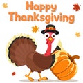 Bird turkey pushing a pumpkin, character. Thanksgiving Day