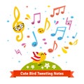 Bird tweeting and singing cartoon musical notes Royalty Free Stock Photo