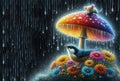 bird uder umbrella and heavy rain background winter autumn spring protection - ai generated