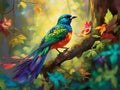 A beautiful bird in a vibrant forest. Magics forest and beautiful little bird.