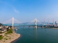 Bird view of Old and New Baishatuo Yangtze River Railway Bridge under blue sky