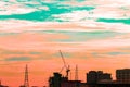 Bird view over silhouette cityscape and construction site Royalty Free Stock Photo
