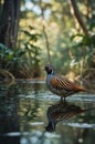 A Striking Rufous Crested Coquette Standing in Calm Water of Forest with Reflections Royalty Free Stock Photo