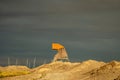 Bird watching tower in the dunes in at night sunset, located in the new land at the Marker Wadden in the Markermeer, in the