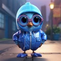 Super Cute 3d Blue Bird In Urban Clothing With Glasses