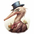 Life-like Avian Illustration: Pelican With Top Hat And Roses