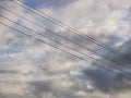 A bird wedge with ducks flies in the sky against the background of a power line Royalty Free Stock Photo