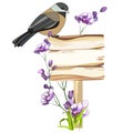 1984 bird, bird on a wooden plate, flowers, isolate, for different design Royalty Free Stock Photo