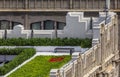 Bird's eye aerial view of a rooftop garden on an ornate roof of a skyscraper in Midtown Manhattan New York