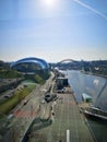 Bird& x27;s-eye view if the river Tyne, Tyne Bridge and the sage gateshead Royalty Free Stock Photo