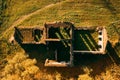 Bird's-eye view of ruins of the brewery in estate of the Tikhanovetskys. Aerial view of neo-gothic monument of