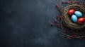 A bird's nest with three blue and red eggs on a dark background, AI Royalty Free Stock Photo