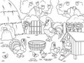 Bird yard, farm. Chickens and a turkey are walking in the yard. Childrens coloring, black lines, white background.