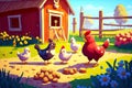 bird yard on farm with walking chicken and cute chicks