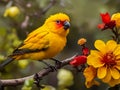 A little bird with a yellow head and red feathers sits on a branch with a flower in the background ai generated