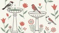 Birdbath & Birds in Floral Garden Pattern, vector design Generative AI Royalty Free Stock Photo