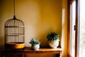 A birdcage and potted plants on a table in front of a window.