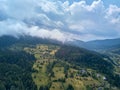 Birdeye view of rural landscape in mountains.