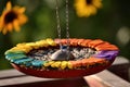 birdfeeder filled with colorful sunflower seeds Royalty Free Stock Photo